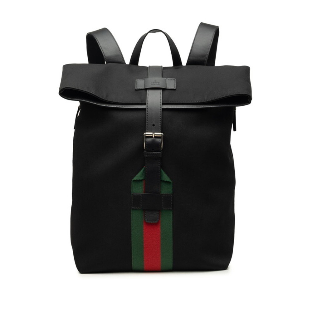 Gucci Sherry Line Fold-over Backpack 337075 Black Canvas Leather Women's GUCCI